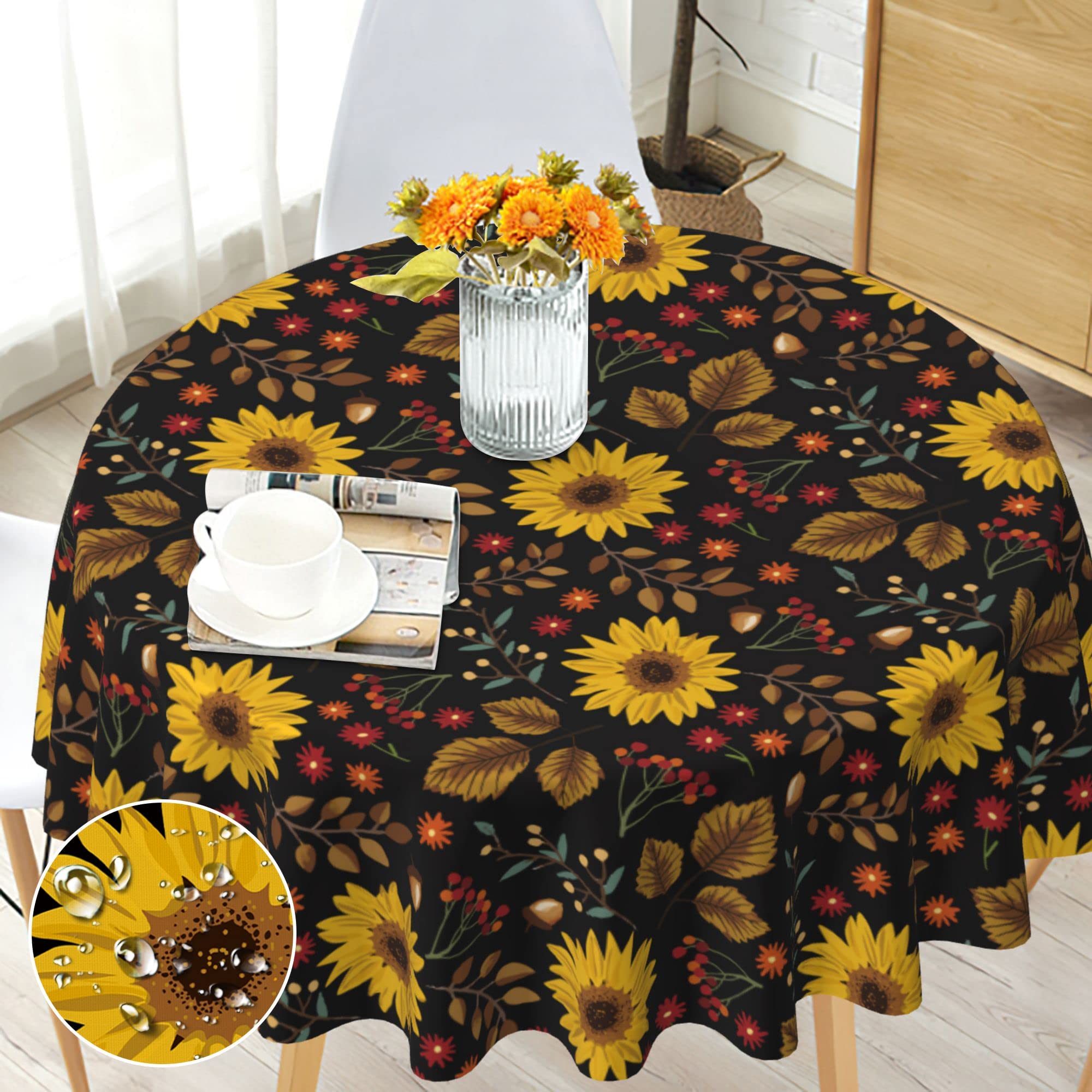 Round Tablecloth Wipe Clean 150cm - Vibrant Sunflower Pattern - Wipeable Circular Table Cloth Waterproof Stain-Resistant Polyester Table Cover for 4-6 Seater Dining Kitchen Patio Garden Outdoor