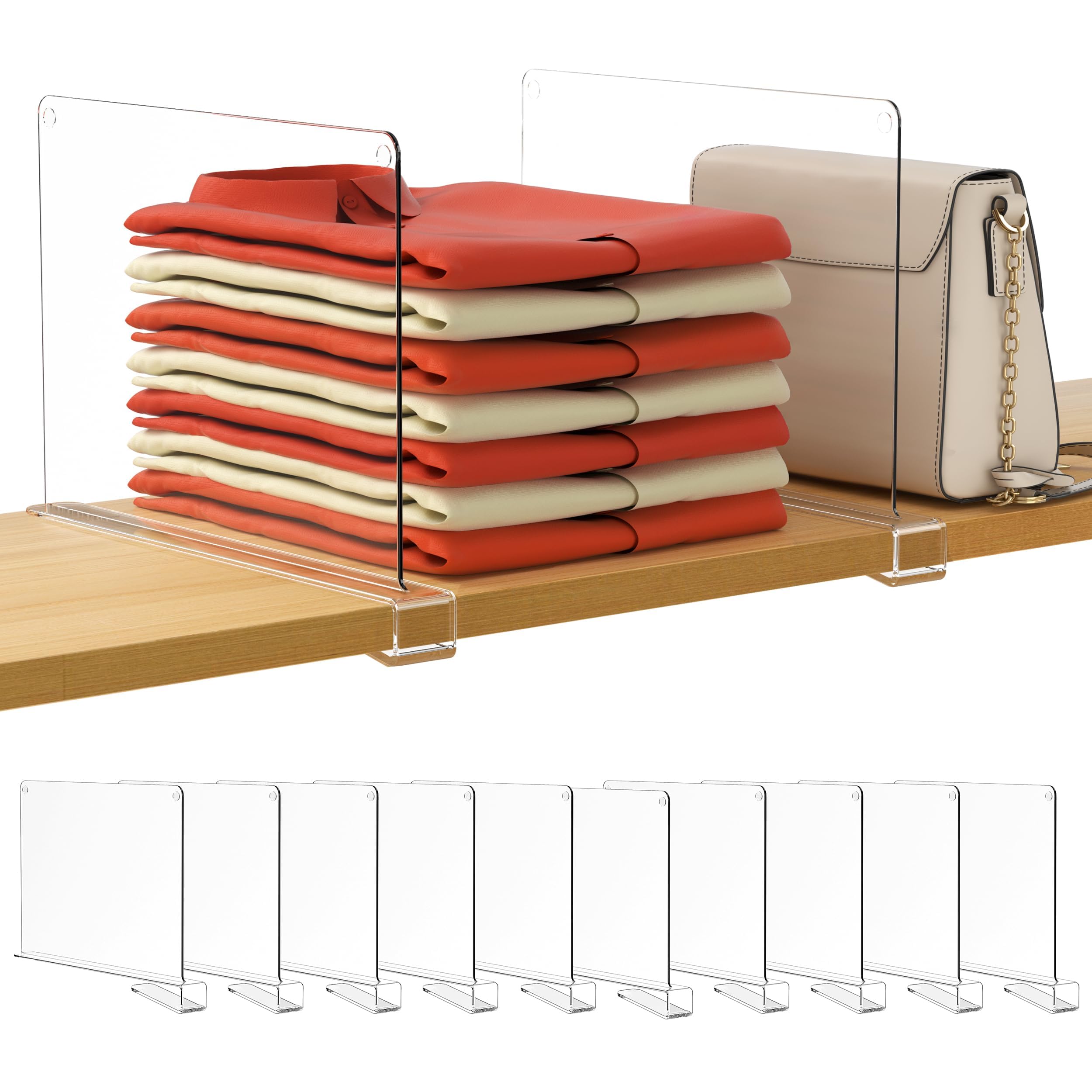 Photo 1 of HBlife 10 Pack Clear Shelf Dividers, Vertical Purse Organizer for Closet Perfect for Sweater, Shirts, Handbags in Bedroom and Kitchen, Adjustable Acrylic Bookshelf for Organization
