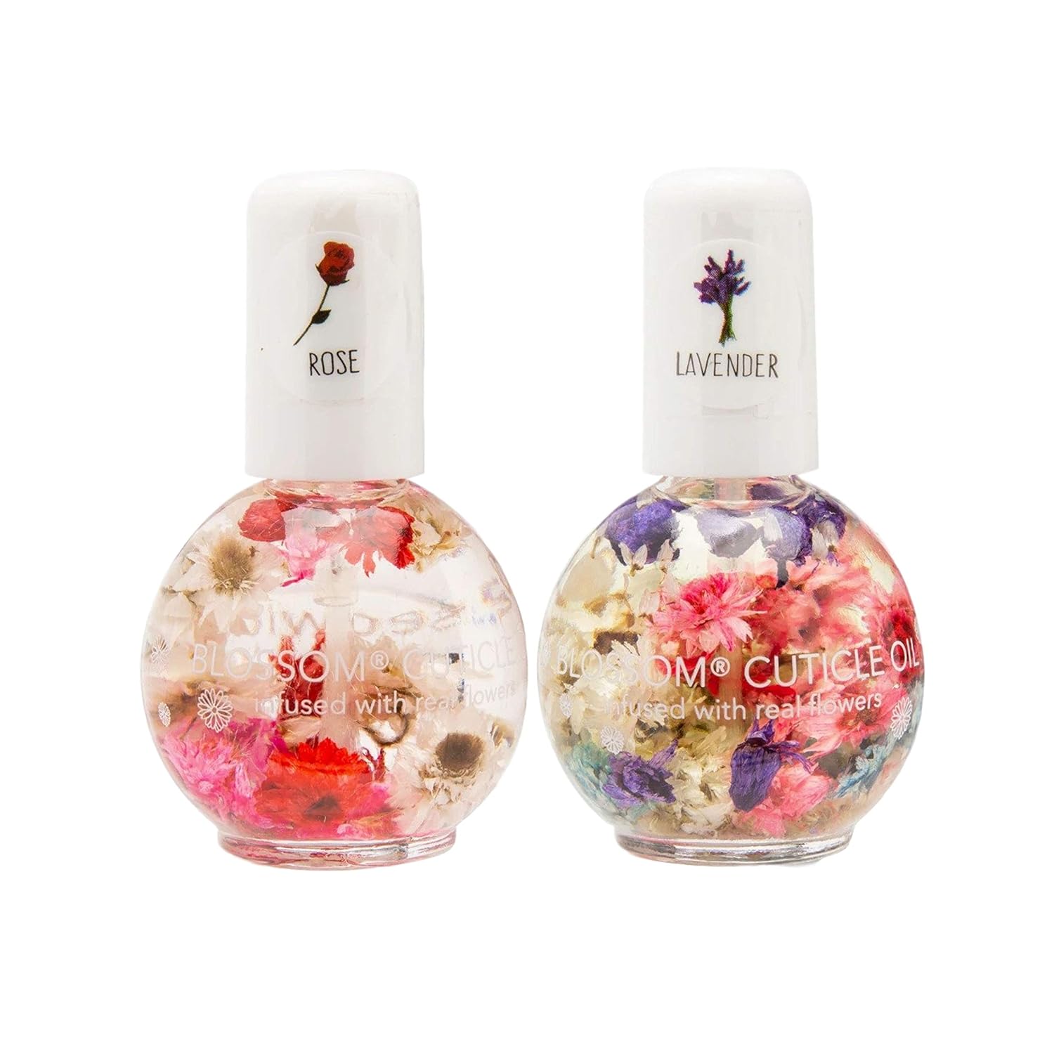 Blossom Scented Cuticle Oil Infused with Real Flowers Twin Pack — Nourishing Essential Oils for Softening, Hydrating and Repairing Nail Cuticles (Lavender & Rose — 2 x 0.42 Fl. Oz.): Beauty