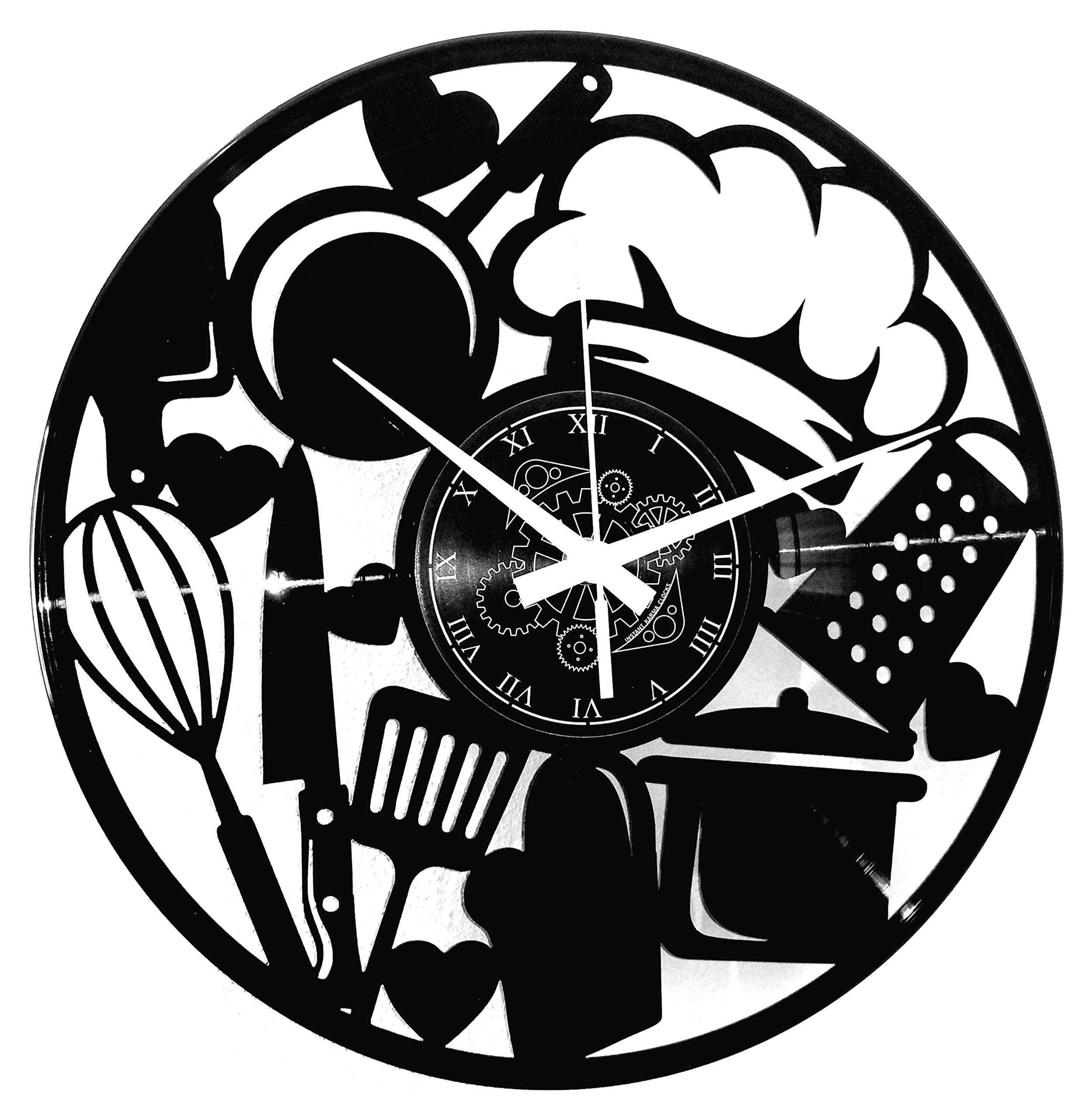 Instant Karma Clocks | Chef Kitchen Wall Clock with Cooking Tools Silhouette – Silent No-Ticking – Perfect for Bedroom, Office, Studio, Living Room – Unique Decoration