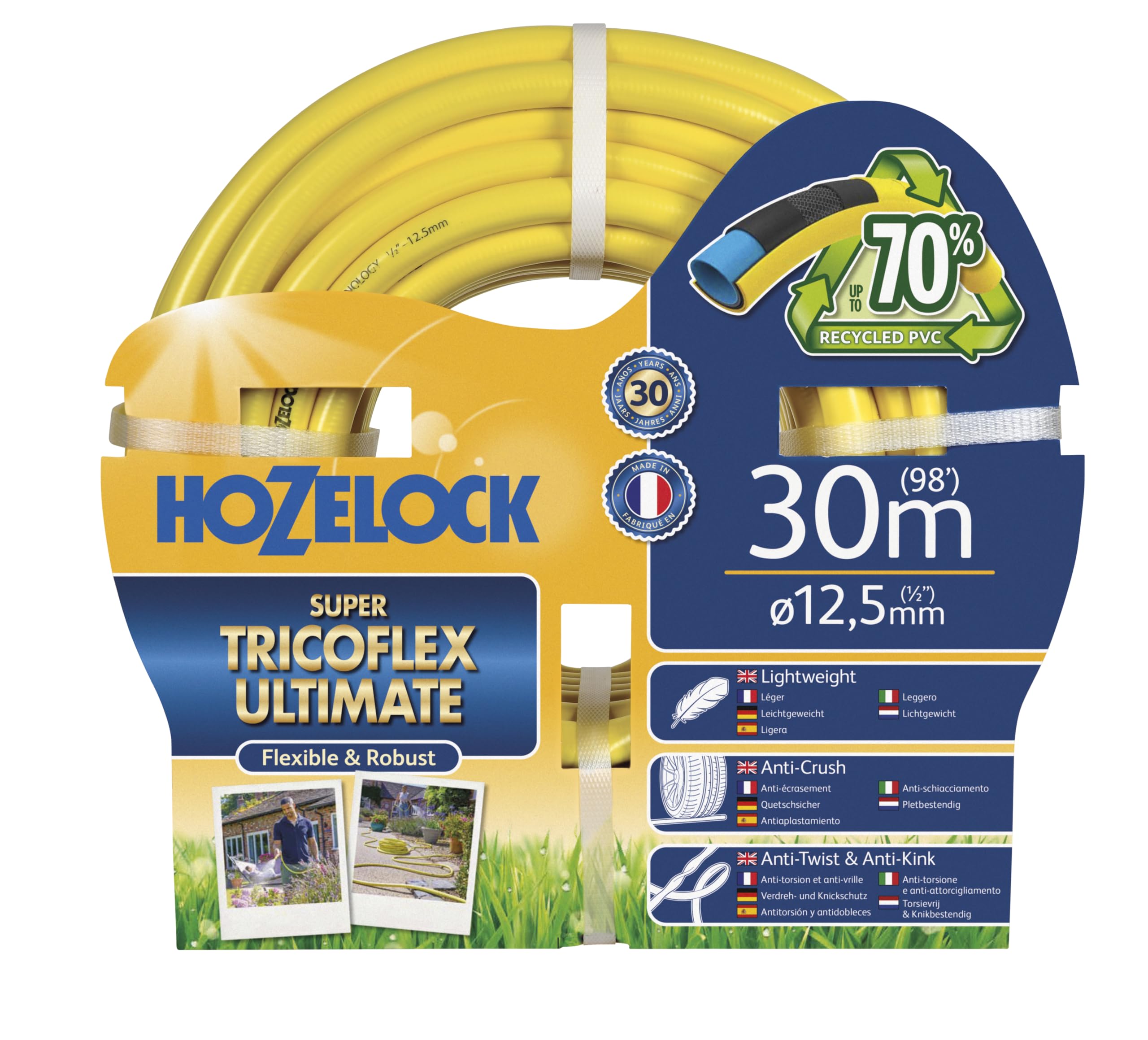 HOZELOCK - Ultimate Hose 12.5mm x 30m, Up To 70% Recycled PVC, Ultra-Light and Flexible, Re-Enforced PVC Layering, Anti-Twist and Anti-Crush Technology [7830P0000], Yellow