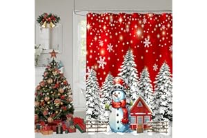 YOSTEV Christmas Shower Curtains for Bathroom, Red Snowman Christmas Tree Pine Bathroom Curtain Decoration, Winter Holiday Farmhouse Shower Curtain, Xmas Pine Fabric Cloth Bath Curtain 72x72 Inch
