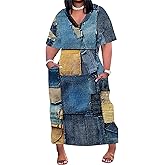 SUZONANA Womens Plus Size Denim-Print Fashion Maxi Dresses Casual Soft Tshirt Dress
