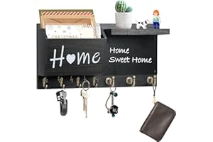 RELBRO Key Holder Wall Mount, Wooden Chalkboard Mail and Key Organizer with Shelf, 12 Key Hooks, Black