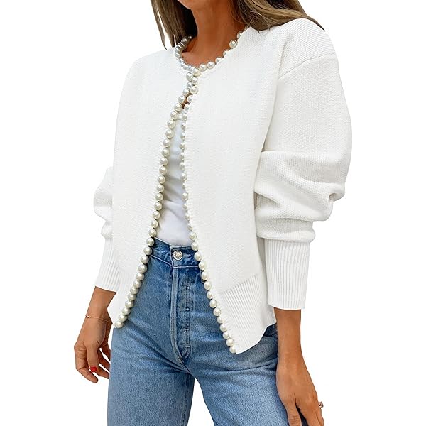 トップス cropped pearl cardigan SHENHE Women's Pearl Beaded Open Front V Neck Drop Shoulder
