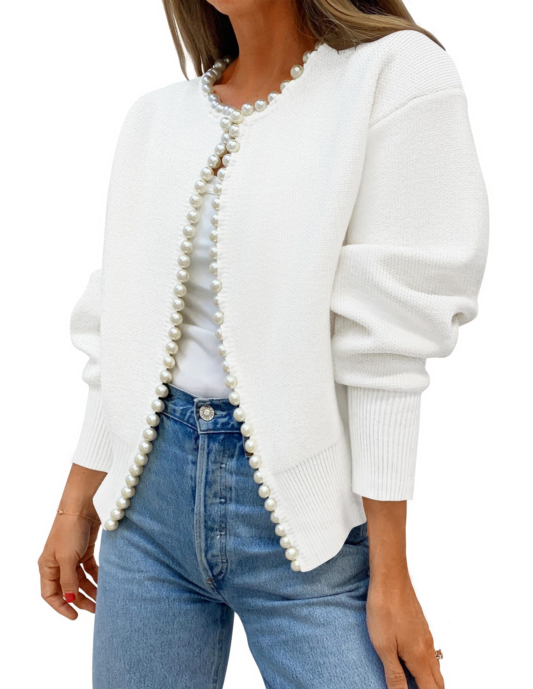 Photo 1 of ZESICA Women's Open Front Cardigan Sweater 2025 Fall Casual Knitted Long Sleeve Pearls Trim Outerwear Coat Trendy Clothes White Small