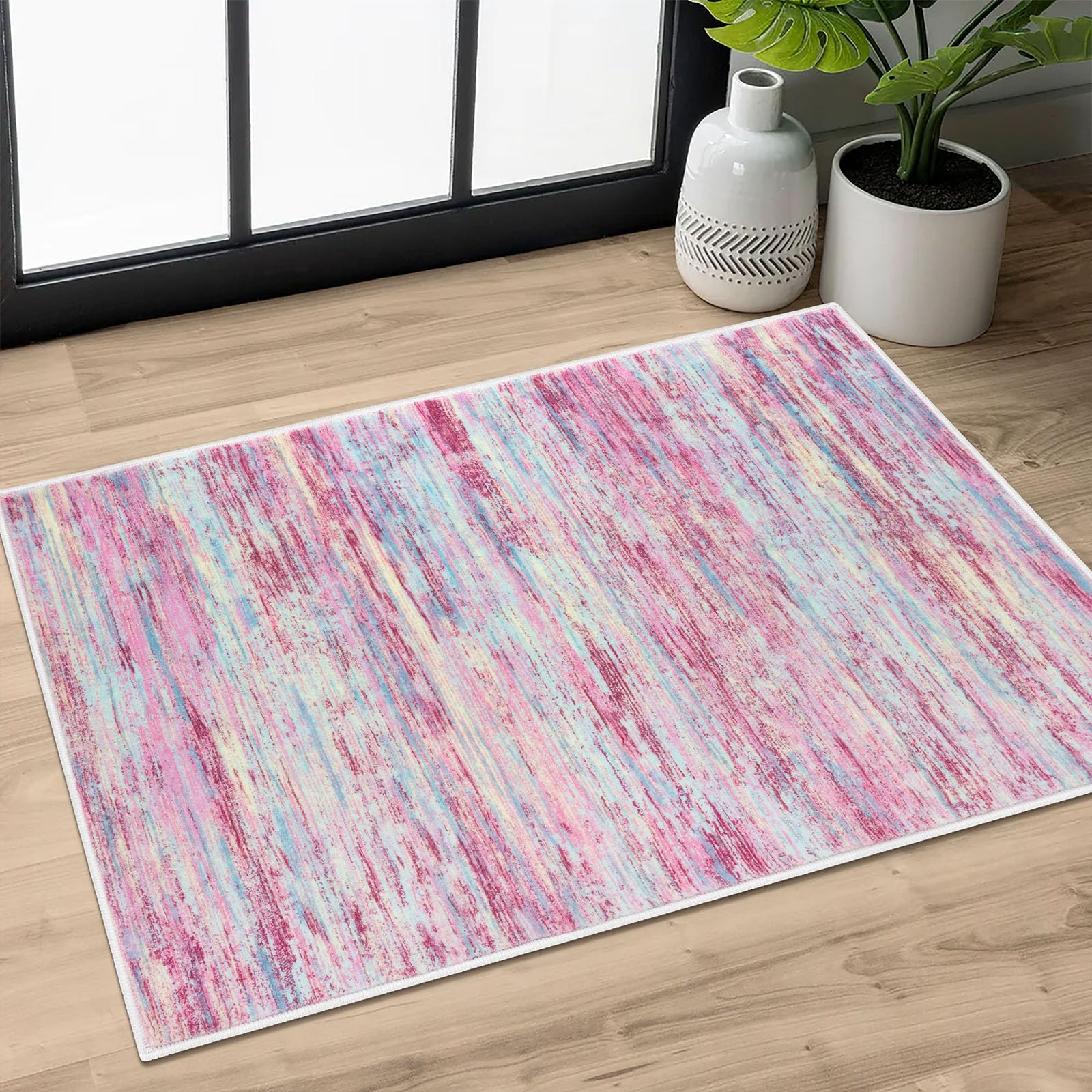 SIILOOM 2x3 Modern Abstract Rug for Entryway, Pink Colorful Super Soft Small Area Rug, Washable Non-Slip Kitchen Rugs, Low-Pile Mat for Bedside, Indoor Door Mat