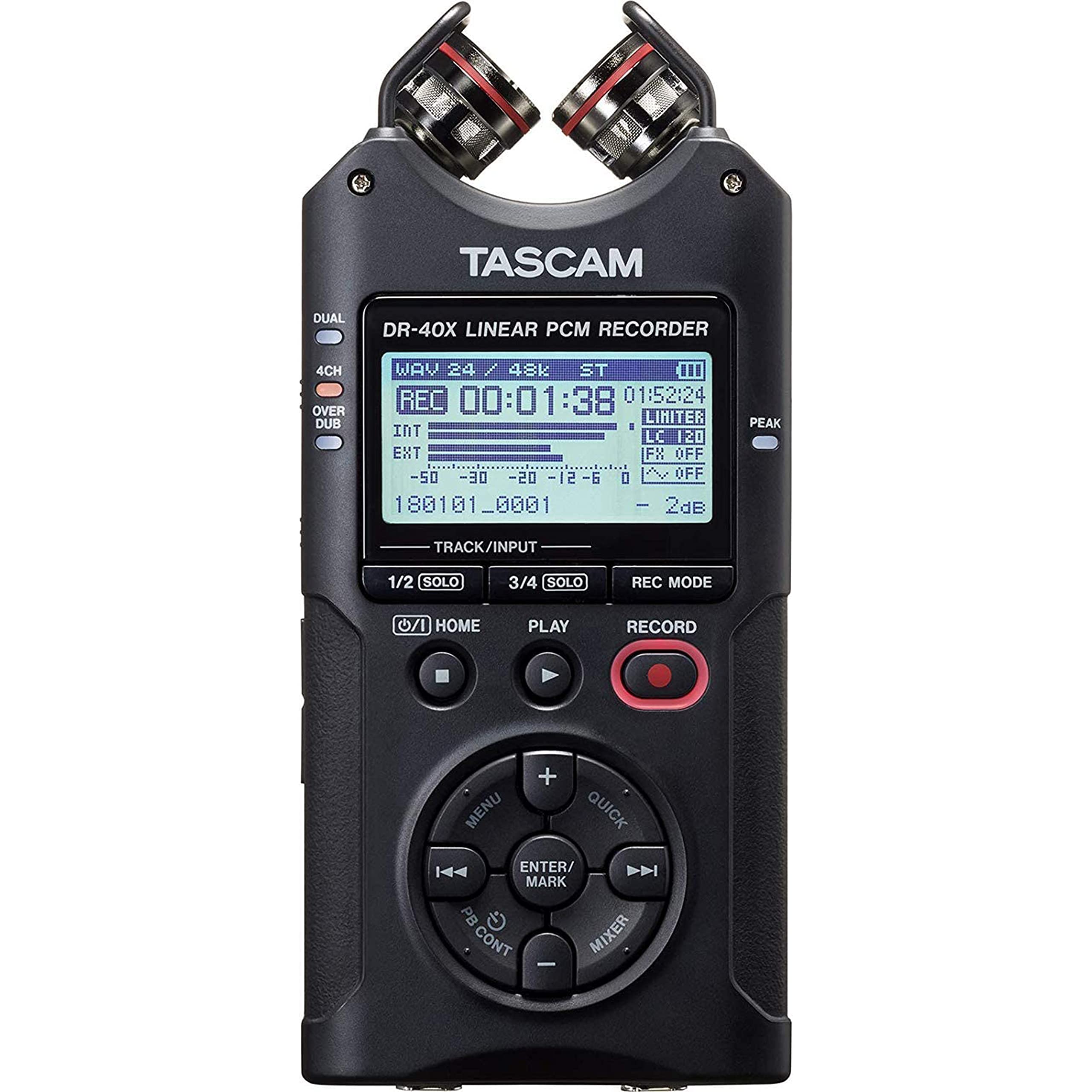 TASCAM DR-40X Grabador de campo portátil de 4 pistas: 2 entradas XLR/TRS, interfaz de audio USB, micrófonos duales ajustables para grabación estéreo de música, audio para vídeo y podcasting