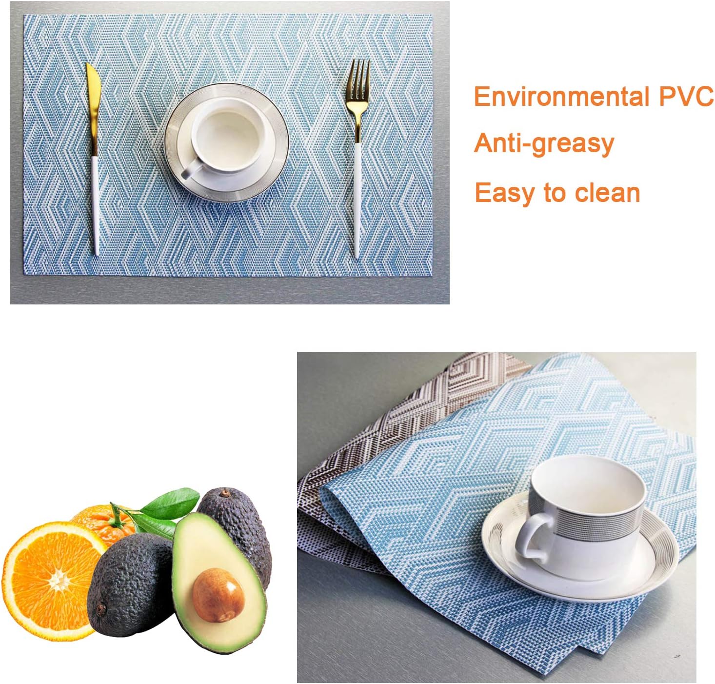 Fanciher 6PCS Placemats, 3D Wave Jacquard PVC Place mats Heat-Resistant Stain Resistant Anti-Skid Table Durable Cross Weave Mats for Dining Table (Blue): Home & Kitchen