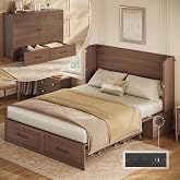 ANGRYWIN Queen Murphy Bed Cabinet with Storage Drawer &amp; Charging Station | Space-Saving Hidden Folding Bed Chest, Medieval Wall Beds for Bedroom Office Guest Room, Noisy Free, Brown