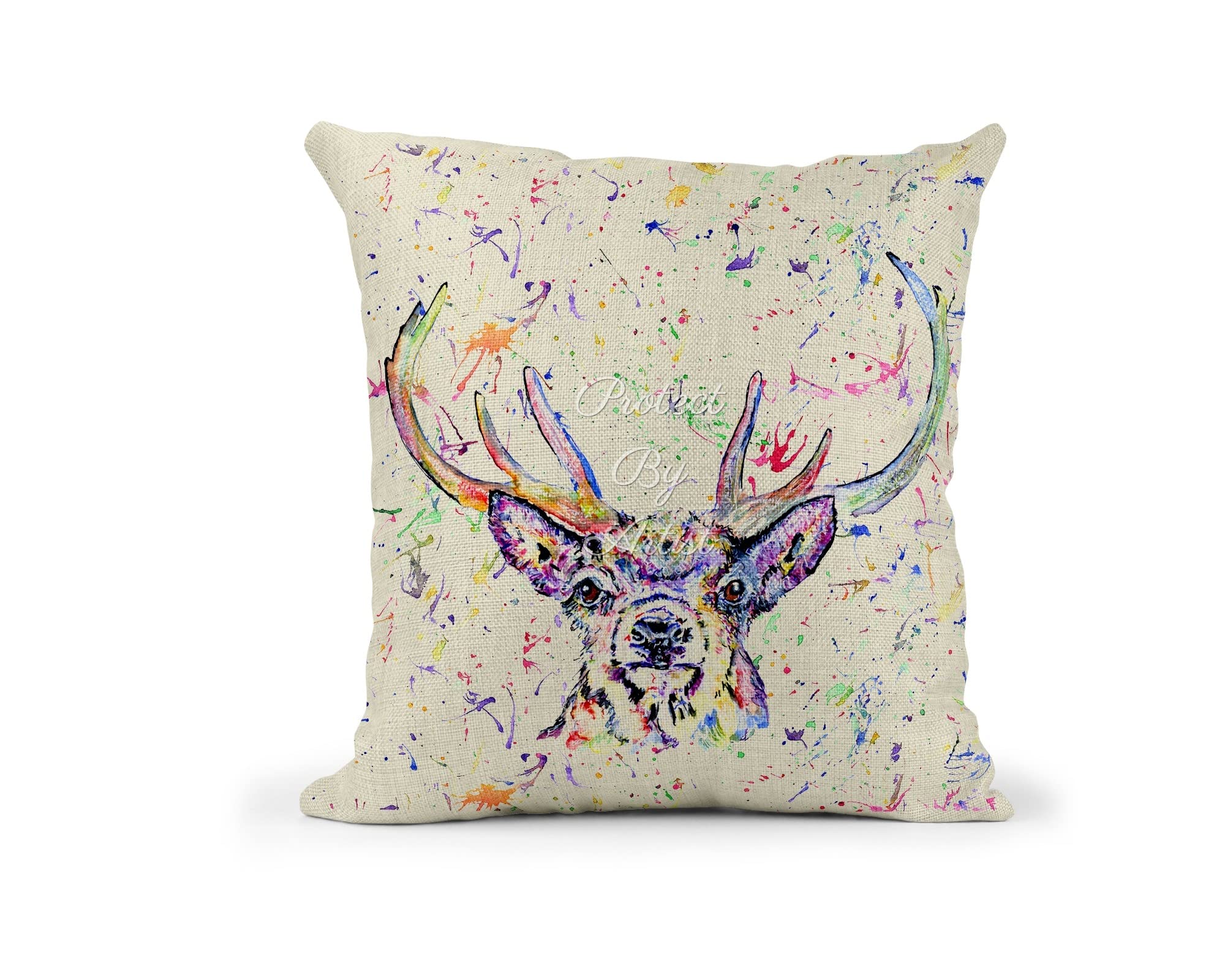 Stag Watercolour Rainbow wildlife Linnen Cushion With filling or cover only, 40x40cm, gift, christmas, Birthday (Cover Only) (cover only)