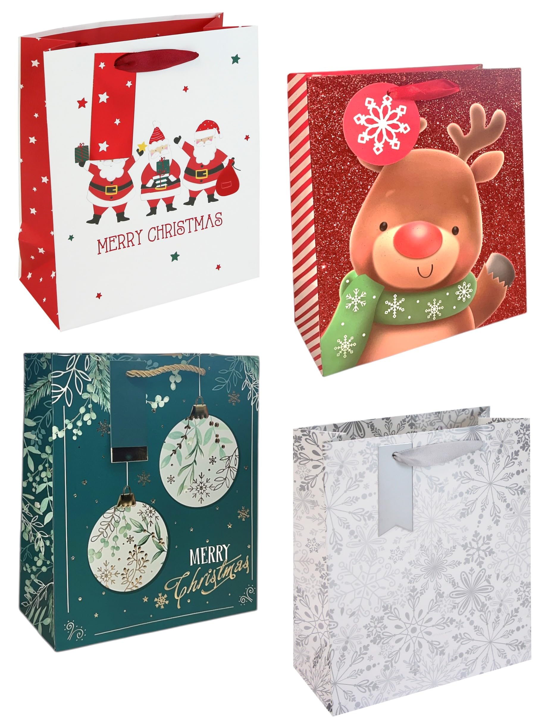 Set of 4 Medium Christmas Bags with Handle & Gift Tags Mixed Traditional Cute Designs
