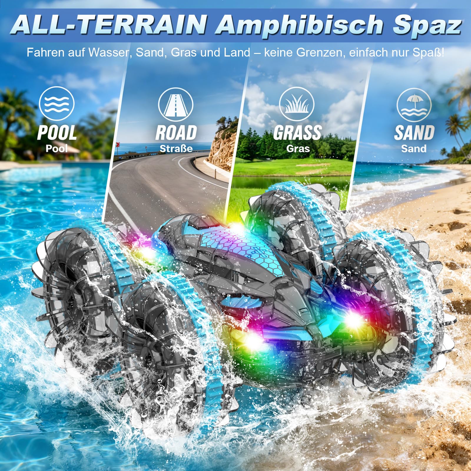 MidiVix Amphibienfahrzeug Ferngesteuertes Auto, 90 Min Spielzeit, 2.4GHz Double-Sided Stunt RC Auto Car mit LED Licht, 4WD 360° Drehung, Pool & Outdoor Spielzeug Geschenke für Kinder 6-12 Blaugrau 2