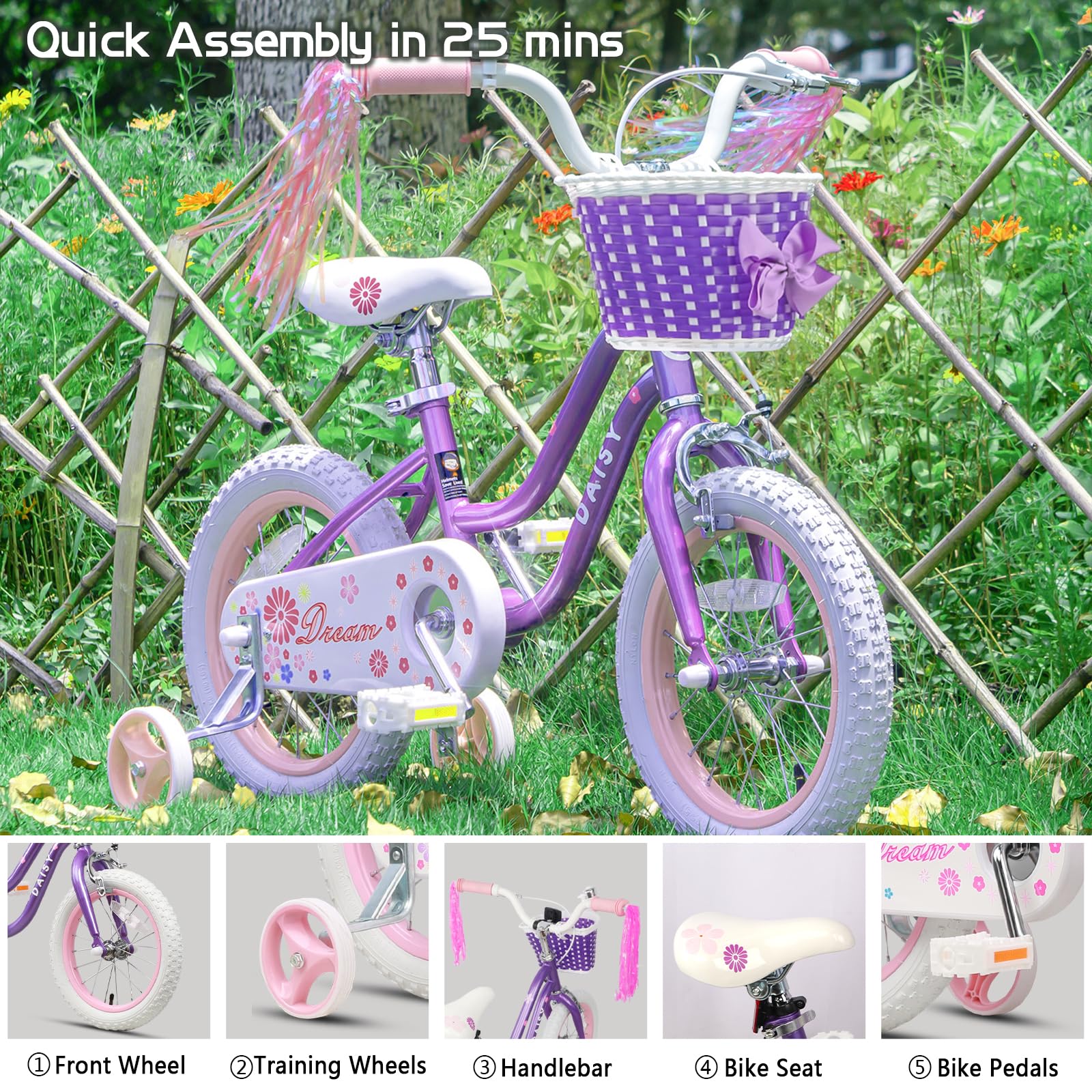 Daisy Girls Bike, 12 14 16 Inch Kids Bike for Ages 2-7 Years Old Children, Princess Style Kids Bicycle with Training Wheels & Basket & Streamers, Multiple Colors