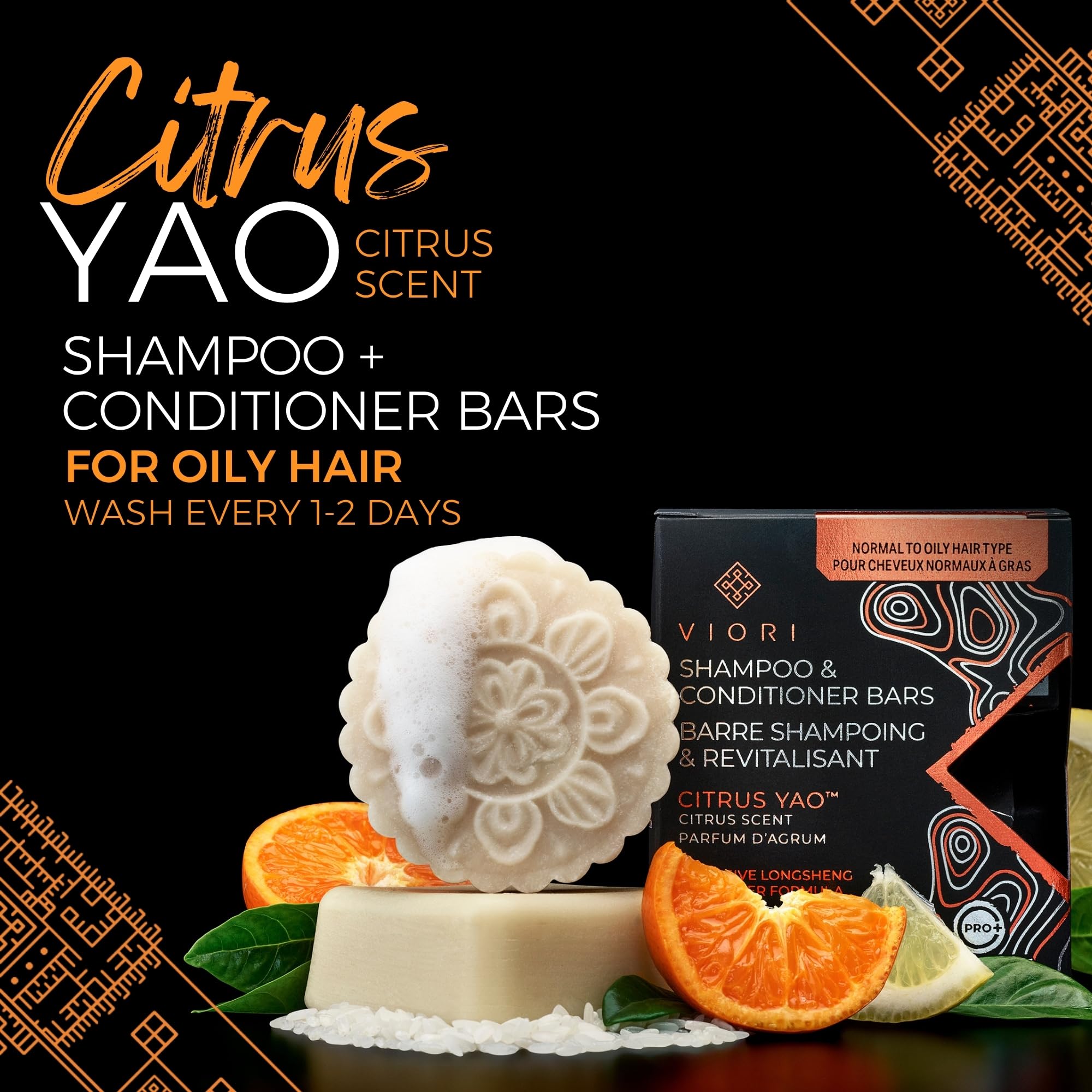 Viori Citrus Yao Shampoo and Conditioner Bar Set Made with Rice Water - Handcrafted Sulfate Free Shampoo and Conditioner