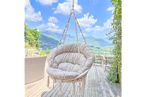BATHONLY Hammock Chair with Cushion, Handmade Macrame Swing Chair with Hanging Hardware Kits, Bohemian Style Cotton Rope Hanging Chair for Bedroom Indoor Outdoor, Beige