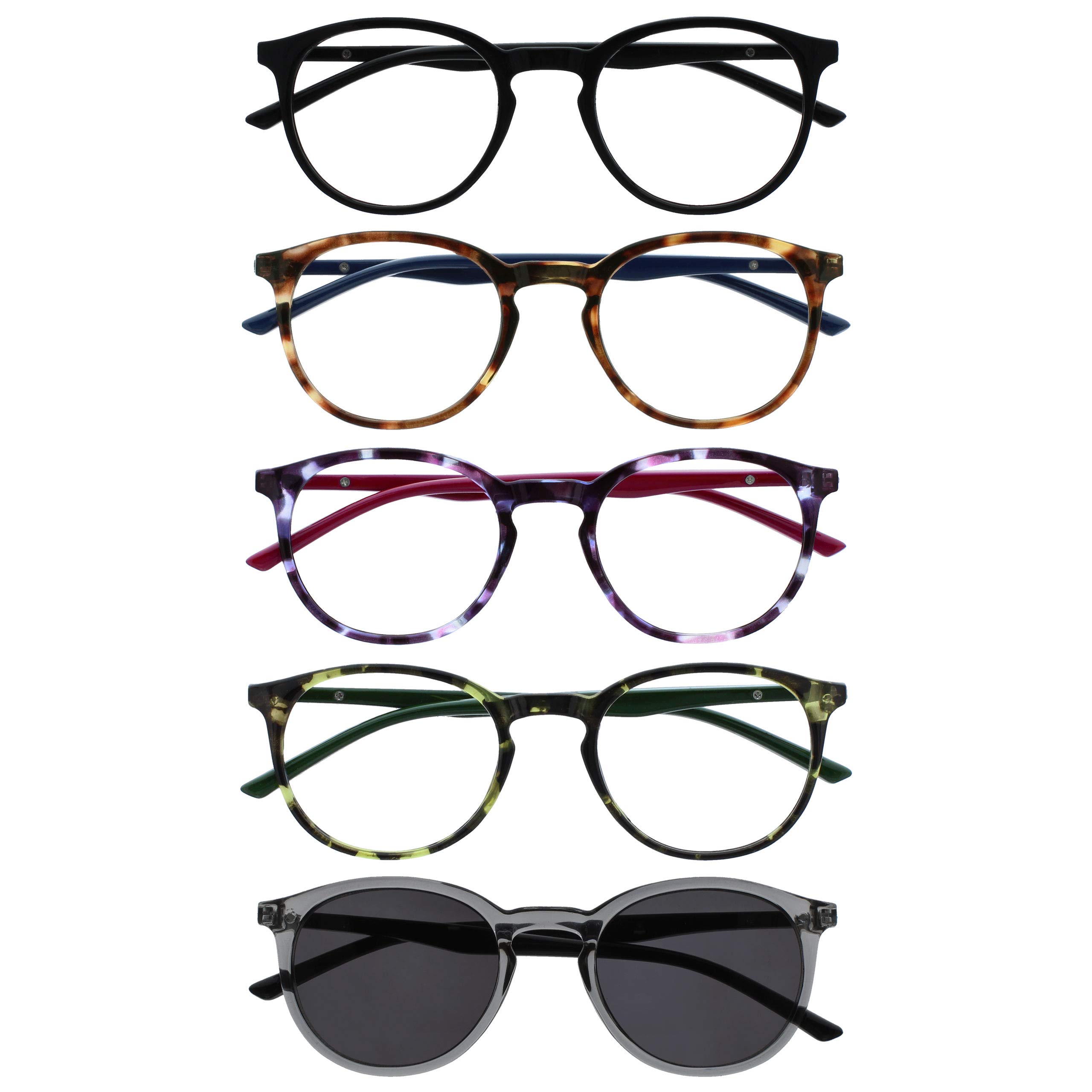 OPULIZE MET Reading Glasses and Reading SunGlasses for Women Men, Round Frame, Black,Brown,Purple,Green,Grey Sun +3.5 (Pack of 5)