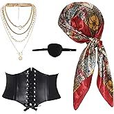 4Pcs Women Pirate Costume Set Including Pirate Head Scarf Layered Necklace Eye Patch Corset Belt for Halloween Renaissance Party Outfit Multi