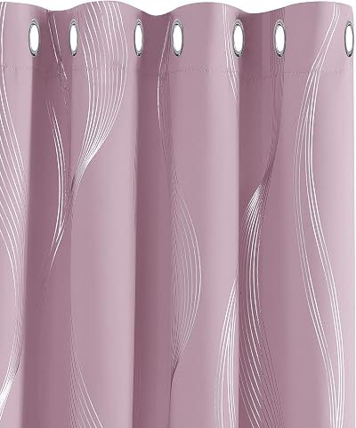 Deconovo Thermal Insulated Blackout Curtains Wave Printed 2 Panels Pink 52x63 in