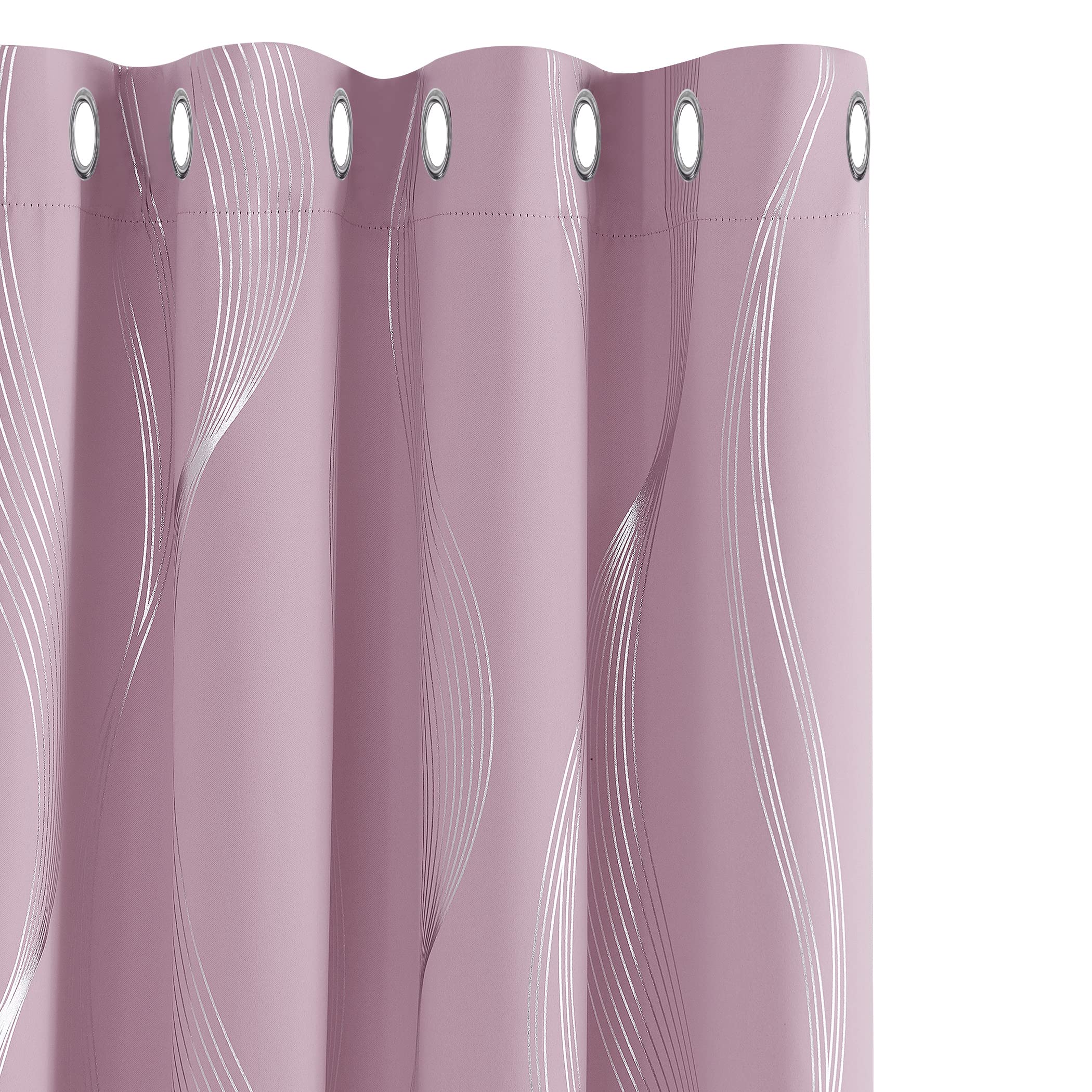 Deconovo Decorative Silver Wave Line Foil Printed Blackout Curtains Thermal Insulated Curtains Eyelet Curtains for Baby Nursery 46 x 90 Inch Light Pink Two Panels