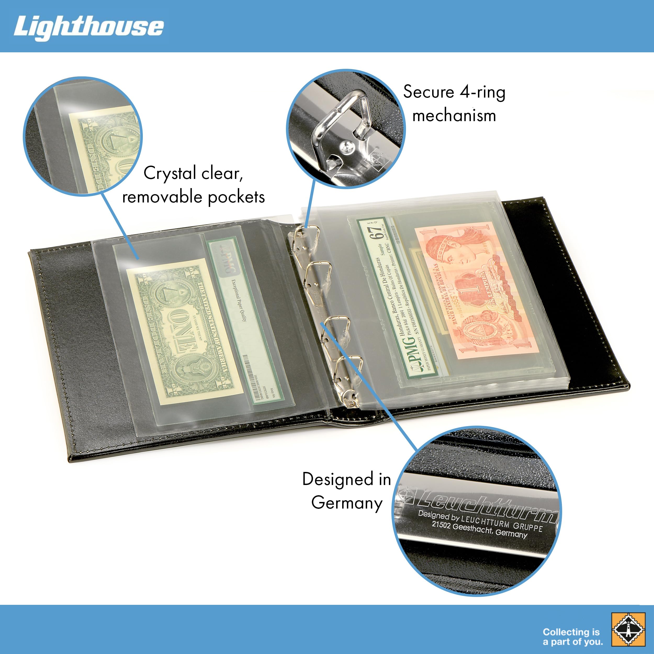 LIGHTHOUSE - Currency Album for Graded Banknotes and Currency Sleeves - Classic Leatherette Handmade 3-Ring Binder with 20 Pages - Additional Pages Available (8 1/4
