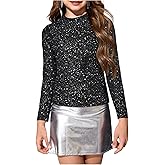 Floerns Girl's Sequin Print Glitter Long Sleeve T Shirt Crew Neck Fitted Elegant Tee