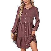 LYANER Women's Casual Long Sleeve Tunic Dress Crew Neck Button Down Elastic High Waist A-Line Tiered Mini Dresses