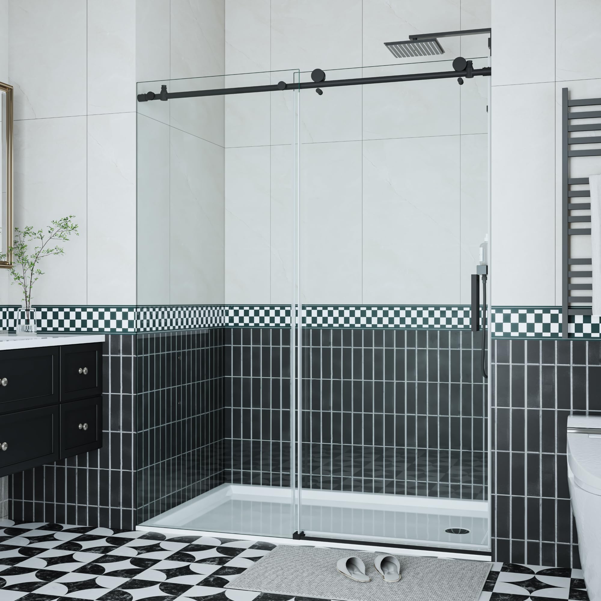 Photo 1 of ***FACTORY SEALED*** Frameless Sliding Glass Shower Door 56–60 Inch W x 76 Inch H – Single Sliding Door with Fixed Panel, 8mm Tempered Glass, Stainless Steel Round Rail, Matte Black