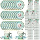 Rtteri 100 Pcs Tea Party Decorations - 50 Disposable Paper Tea Cups & Saucers - 6.5 oz Capacity - Macaron Blue Floral Design - Ideal for Tea Parties, Birthdays & More