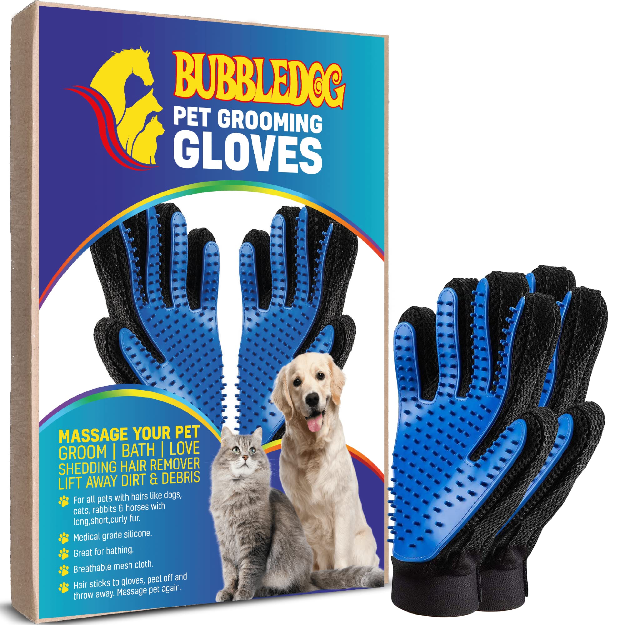 Premium Pet Hair Remover for Dogs and Cats – Universal Size Dog Grooming Glove – Highly Durable and Safe Materials - Ideal for Massaging, Gentle Wash, Bathing. (Blue)