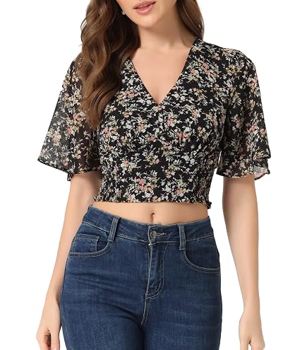 SHENHE Women's Cropped Blouse Ruffle Short Sleeve V Neck Cinched