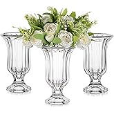 Glasseam Pedestal Glass Vase for Flowers, 7.5in Tall Compote Vase Set of 3, Crystal Clear Vases for Centerpieces, Ribbed Decorative Vases for Home Decor, Cute Footed Urn for Living Room Decorations