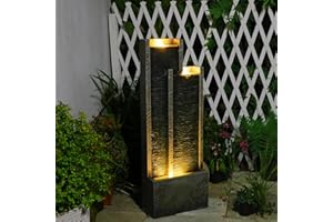 SUNLINUA 35.4" H Modern Indoor Outdoor Waterfall Fountain with Gentle Sound, Resin Garden Water Fountain Outdoor with Lights, Black Stream Panel Floor-Standing Garden Feature for Patio, Balcony, or Home Decor