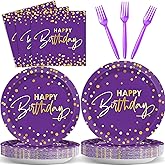 Wiooffen 96PCS Purple Gold Party Plates and Napkins - Happy Birthday Party Decorations - Disposable Tableware Set for 24 Guests