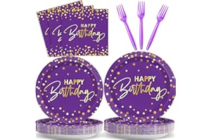 Wiooffen 96PCS Purple Gold Birthday Paper Plates and Napkins Party Supplies Happy Birthday Party Decorations Disposable Birthday Party Tableware Dinnerware Set for Women Men Birthday Serves 24 Guests