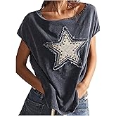 BEAUDRM Women's Y2k Studded T Shirt Star Boat Neck Oversized Tee Tie Back Short Sleeve Casual Summer Tops