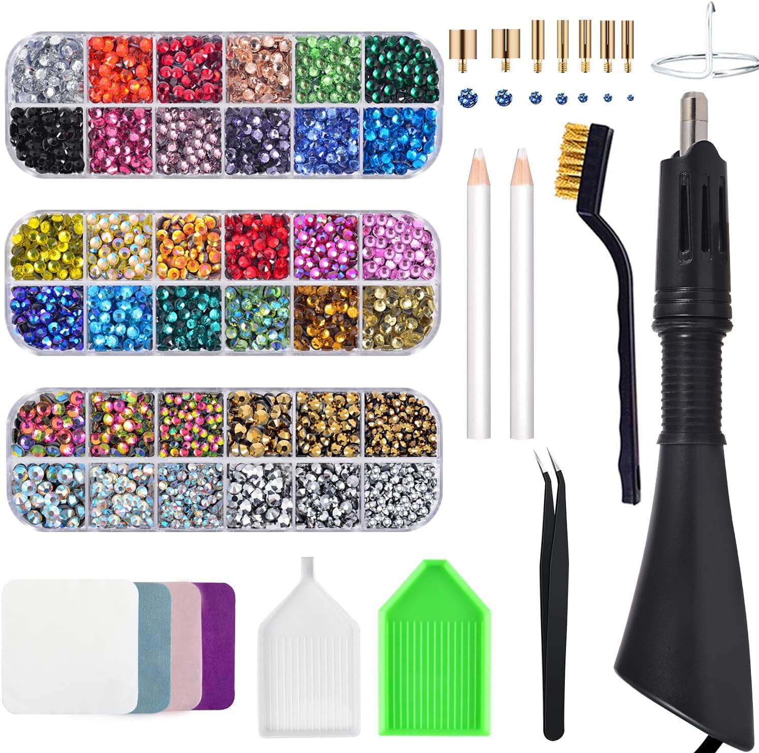 Bedazzler Kit with Rhinestones, Hot Fixed Gems Craft Applicator - Diamond Painting Pen, Wax Pencil, Tweezers, Tray, Cleaning Brush & Cloth, 28 Colors Rhinestones Crystals for DIY Clothes Shoes