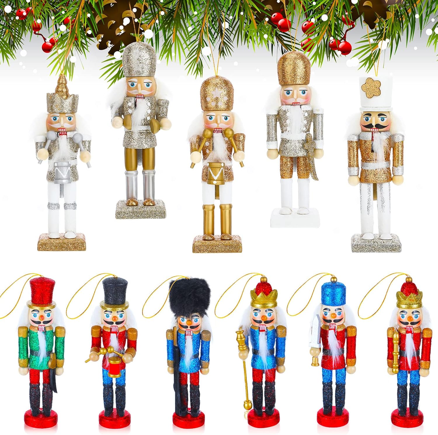 Nutcrackers - 11 Pieces Christmas Nutcrackers Ornaments Set Wooden Nutcracker Christmas Decorations Soldier Hanging Decorations Nutcracker Figure Christmas Ornament for Xmas Tree, Table Decor (Fresh Style)