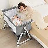 OHFLY Baby Bassinet, Bedside Bassinet for Baby, 4 in 1 Bassinet Bedside Sleeper with Locked Wheels, Mosquito Net, Adjustable Easy Folding Portable Crib for Infant Newborn, Grey
