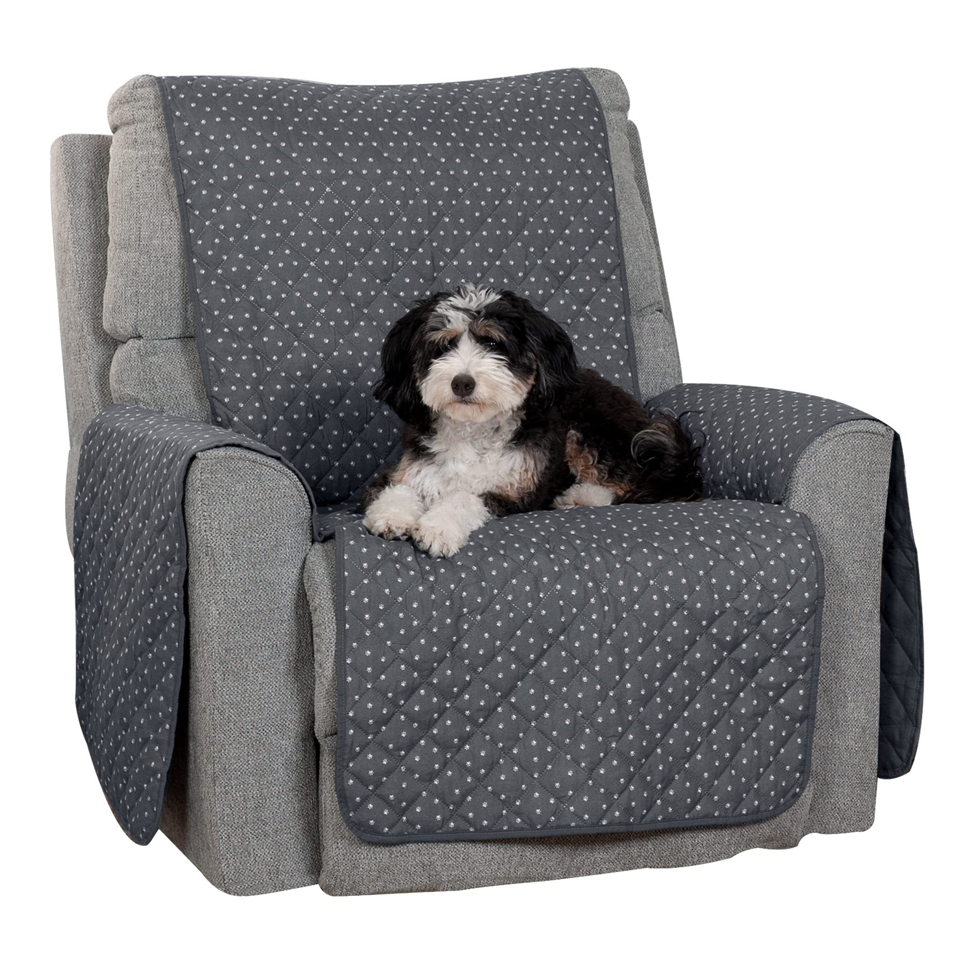 Furhaven Recliner Slipcover Water-Resistant Reversible Polka Paw Print Furniture Protector Cover - Gray, Recliner