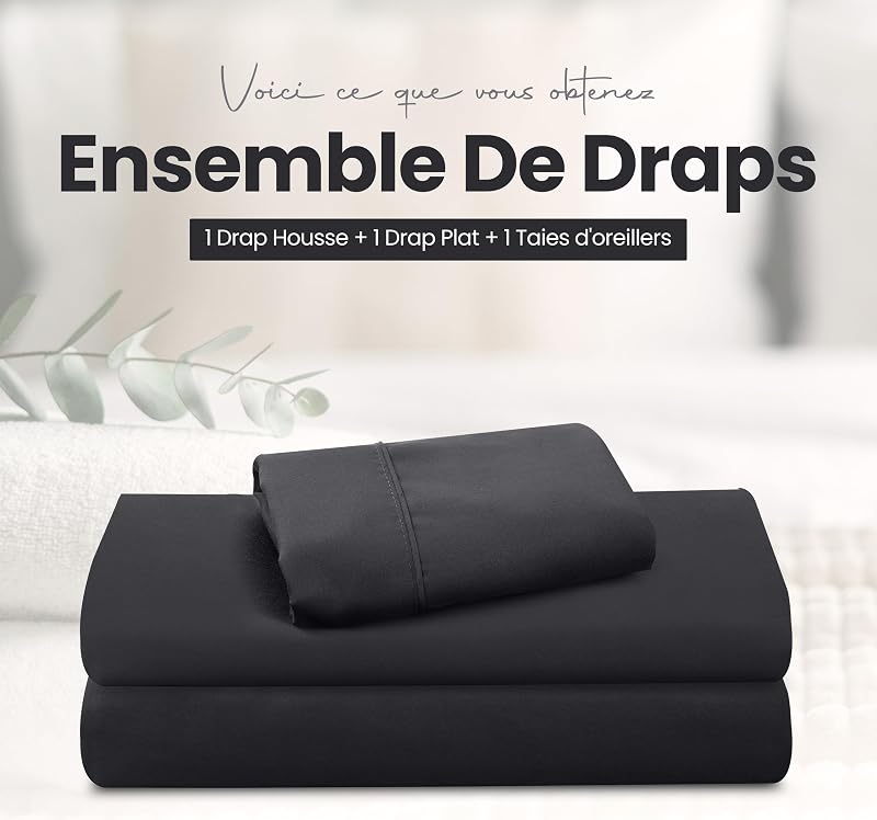 Ensemble de Drap 3 Pièces, 90x190cm, Noir
