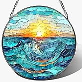 Stained Glass Window Hanging, Pauyadu 8 Inch Beach Stained Glass Suncatcher, Window Decoration Hanging, Sunrise Lover Gift, Natural Gift, Beach Home Decor, Gifts for Family, Friends, Colleagues