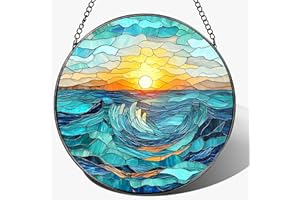 Stained Glass Window Hanging, Pauyadu 8 Inch Beach Stained Glass Suncatcher, Window Decoration Hanging, Sunrise Lover Gift, Natural Gift, Beach Home Decor, Gifts for Family, Friends, Colleagues