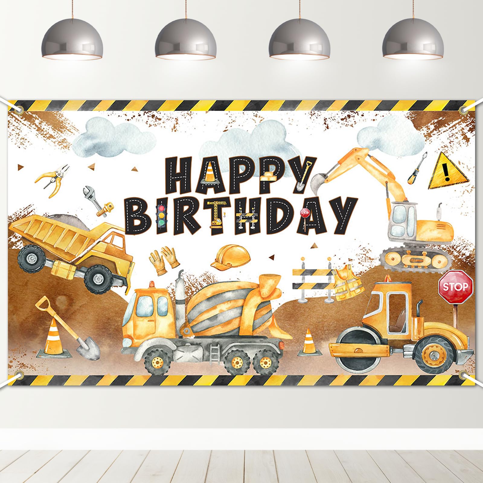 Photo 1 of Avezano Construction Birthday Backdrop Banner Construction Theme Birthday Party Decorations Excavator Happy Birthday Banner for Boys Kids Bday Supplies 70.8 x 43.3 Inch