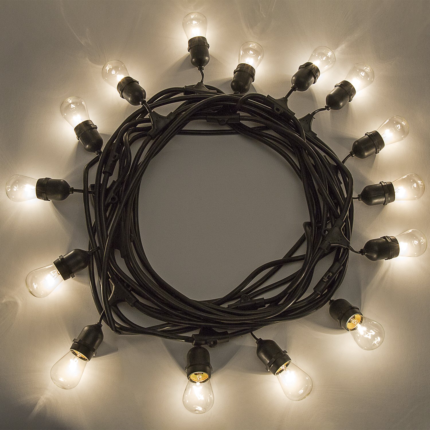 48 Ft Outdoor String Lights 15 Edison Bulbs Included, Commercial Grade Strand, Glass S14 Bulbs