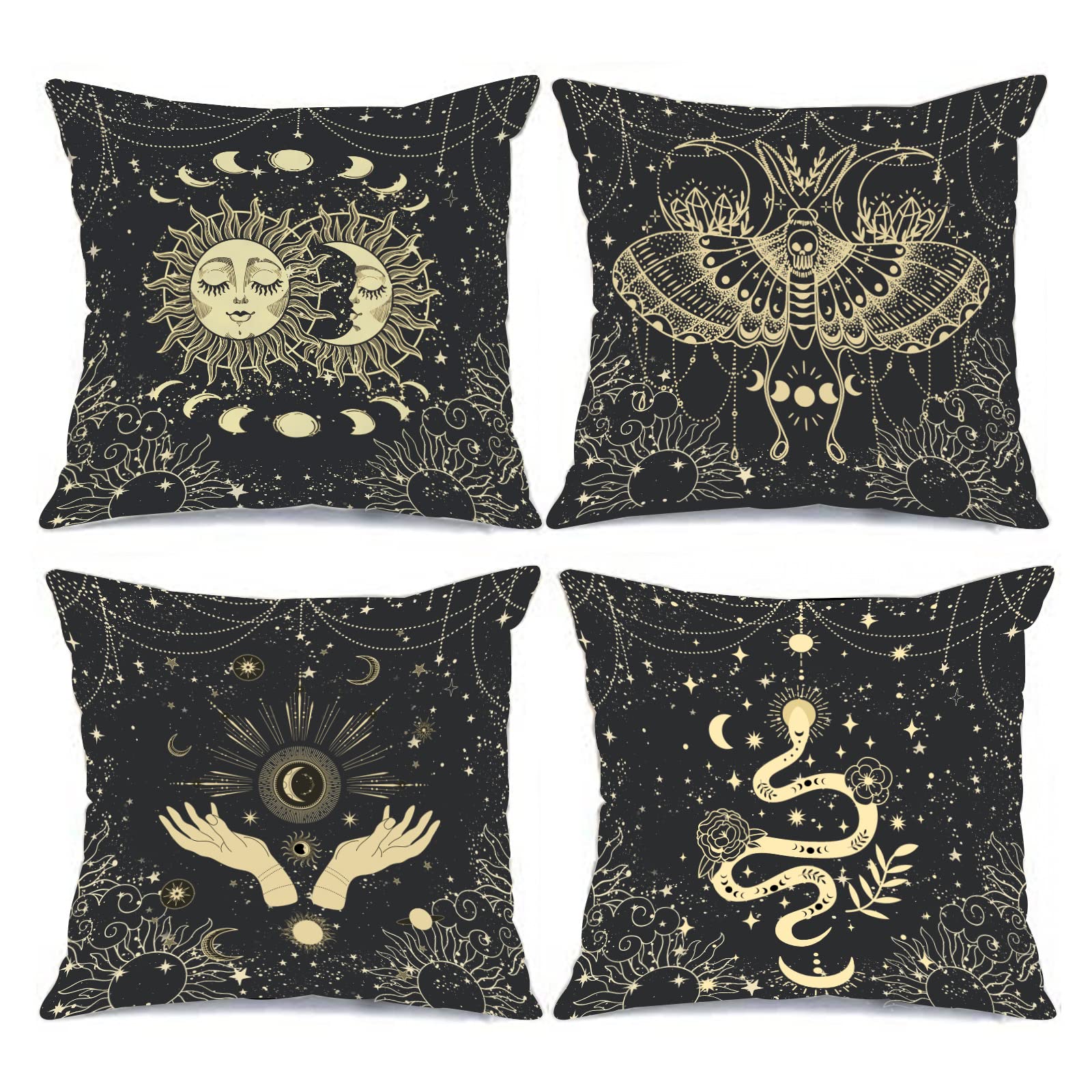 Tucocoo Bohemia Pillow Covers Set of 4 Cosmic Moon Phases Pillow Covers Sun Moth Snake Square Cushion Cover Outdoor Modern Cushion Covers Decorative for Couch Sofa Living Room