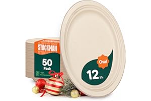 100% Compostable Oval Paper Plates [50-Pack] - {PFAS-Free} - {BPI Certified} - [12 Inch] Heavy Duty, Eco-Friendly, Biodegradable Bagasse Platters - Natural Brown 12" Oval Platter Plates by Stack Man