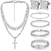 Yinkin 6 Pcs Hip Hop Jewelry Set for Men Rhinestone Link Chain Bracelet Earrings Diamond Jewelry Set for Valentines Gift