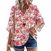 LOMON Women's 3/4 Length Sleeve Boho Tops V Neck Casual Vacation Clothes Loose Fit Tunic Shirts S-3XL
