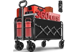 YOLLBER Wagons Carts Foldable, 360 Lbs with Adjustable Handle, Black Lightweight Portable, Collapsible Wagon for Camping, Shopping, Sports, Travel, Garage and Gardening Storage with Drink Holders